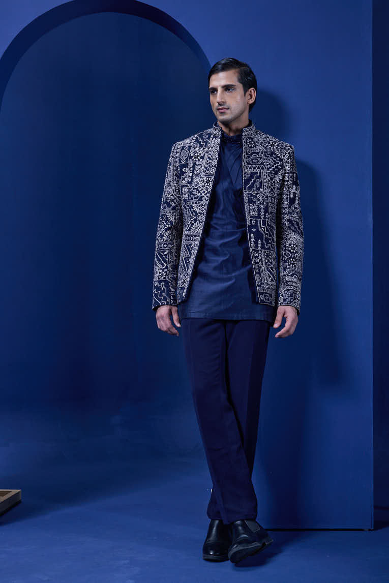 Navy Blue open bandhgala 
with thread sequins & pearl
work