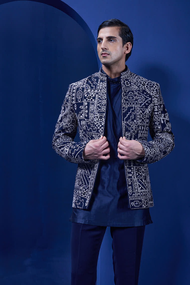 Navy Blue open bandhgala 
with thread sequins & pearl
work