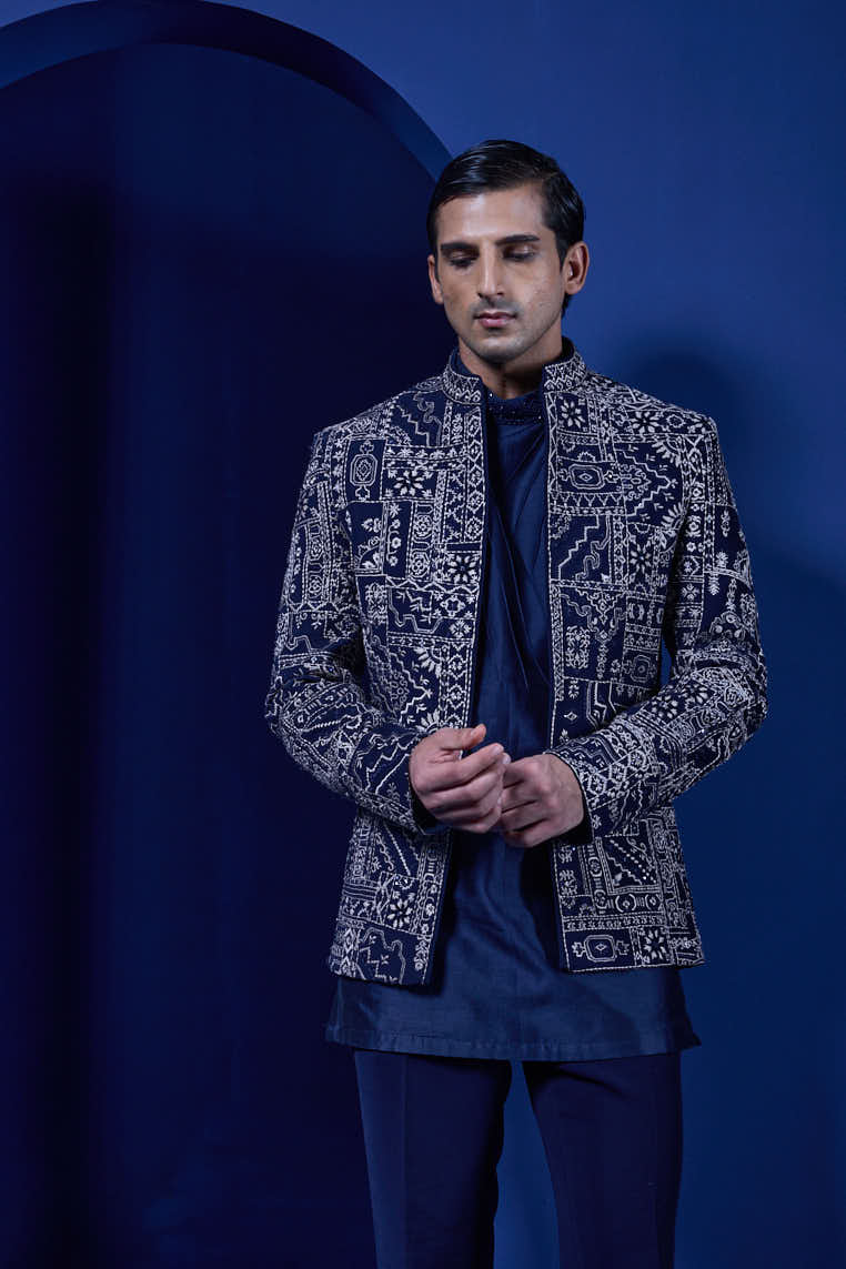 Navy Blue open bandhgala 
with thread sequins & pearl
work