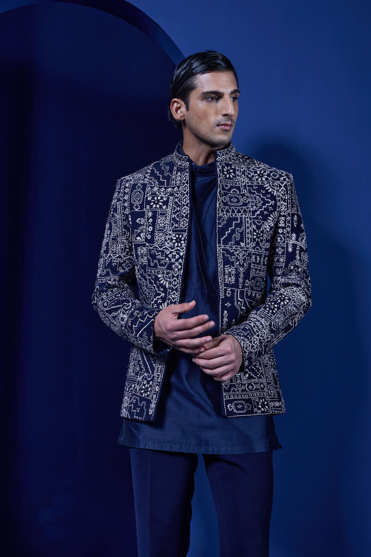 Navy Blue open bandhgala 
with thread sequins & pearl
work