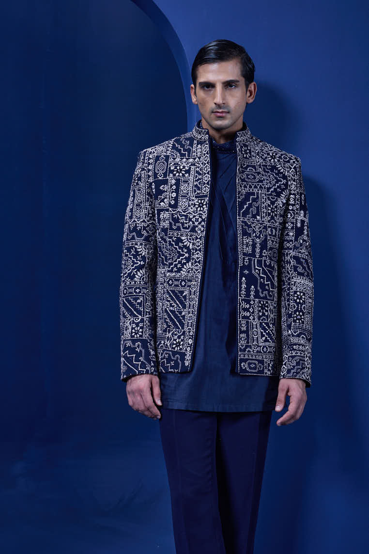 Navy Blue open bandhgala 
with thread sequins & pearl
work