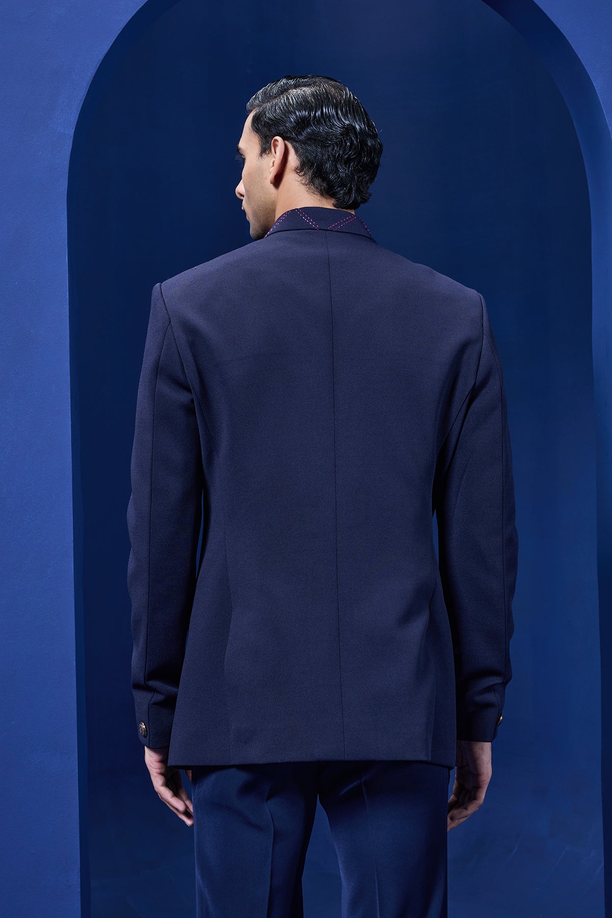 Navy Blue bandhgala detailing with golden button with side pintex