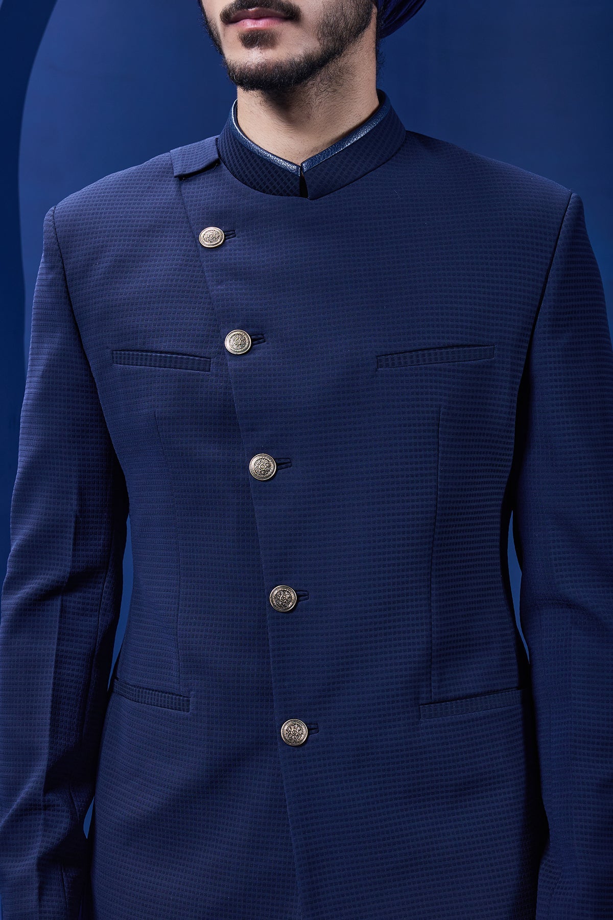 Navy blue bandhgala detailing with golden button satin taping