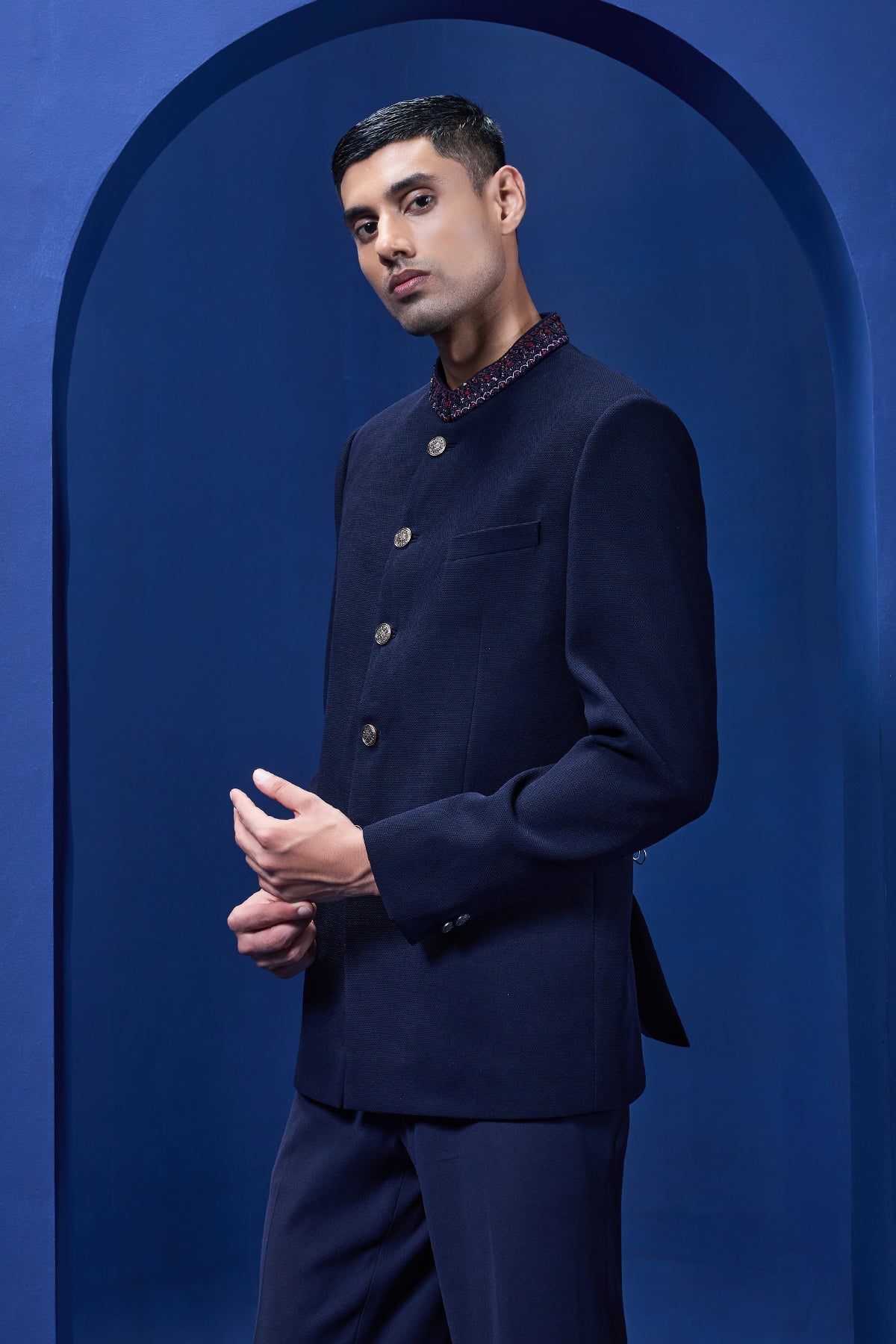 Navy blue bandhgala detailing with golden button sequins cutdana and thread work