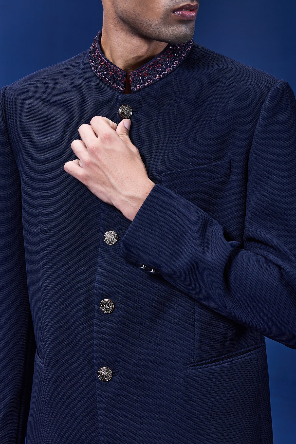 Navy blue bandhgala detailing with golden button sequins cutdana and thread work