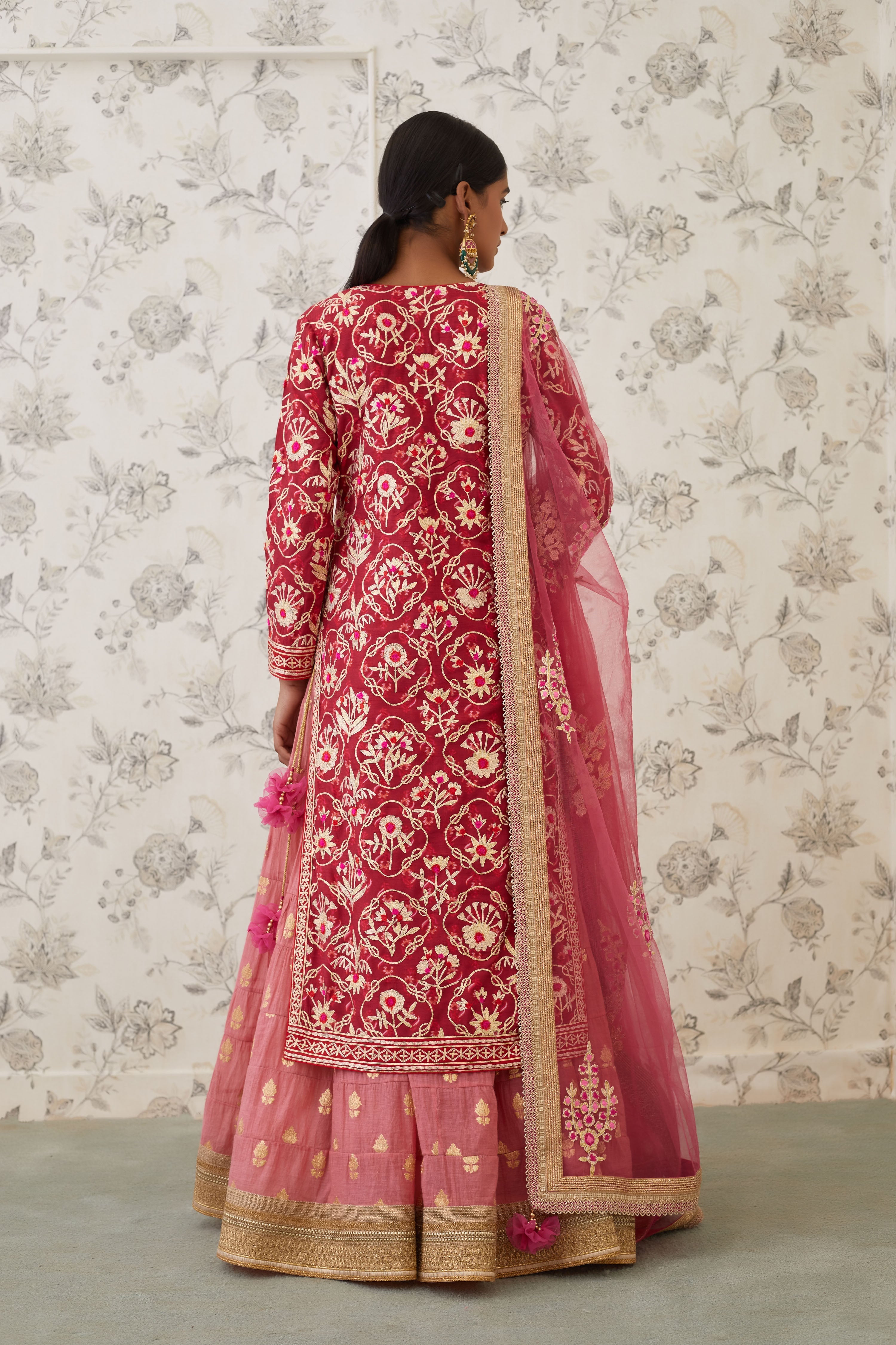 Maroon Coral Kurta Skirt Set