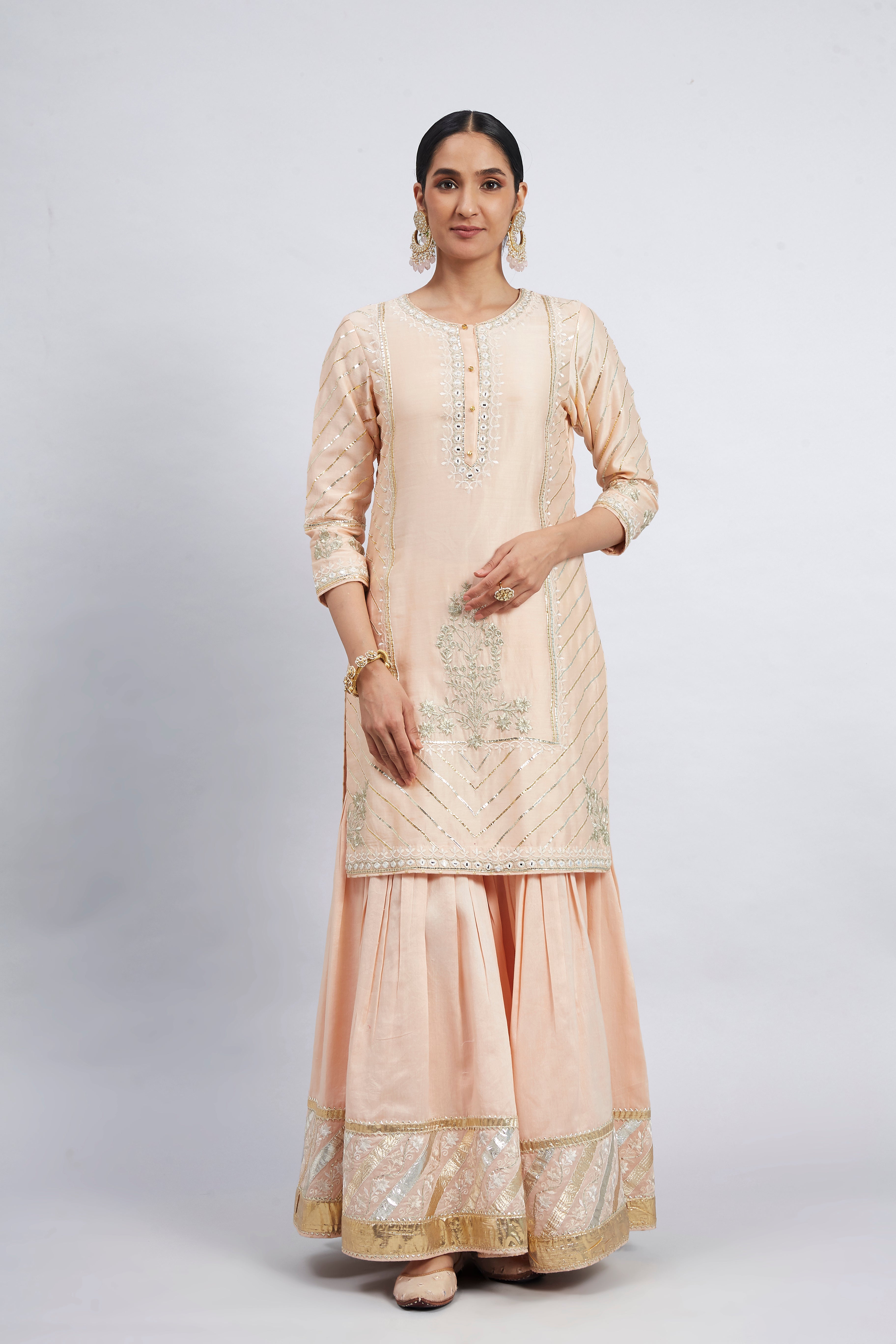 Eliza - Peach Chanderi Silk Kurta and Garara Set with Organza dupatta