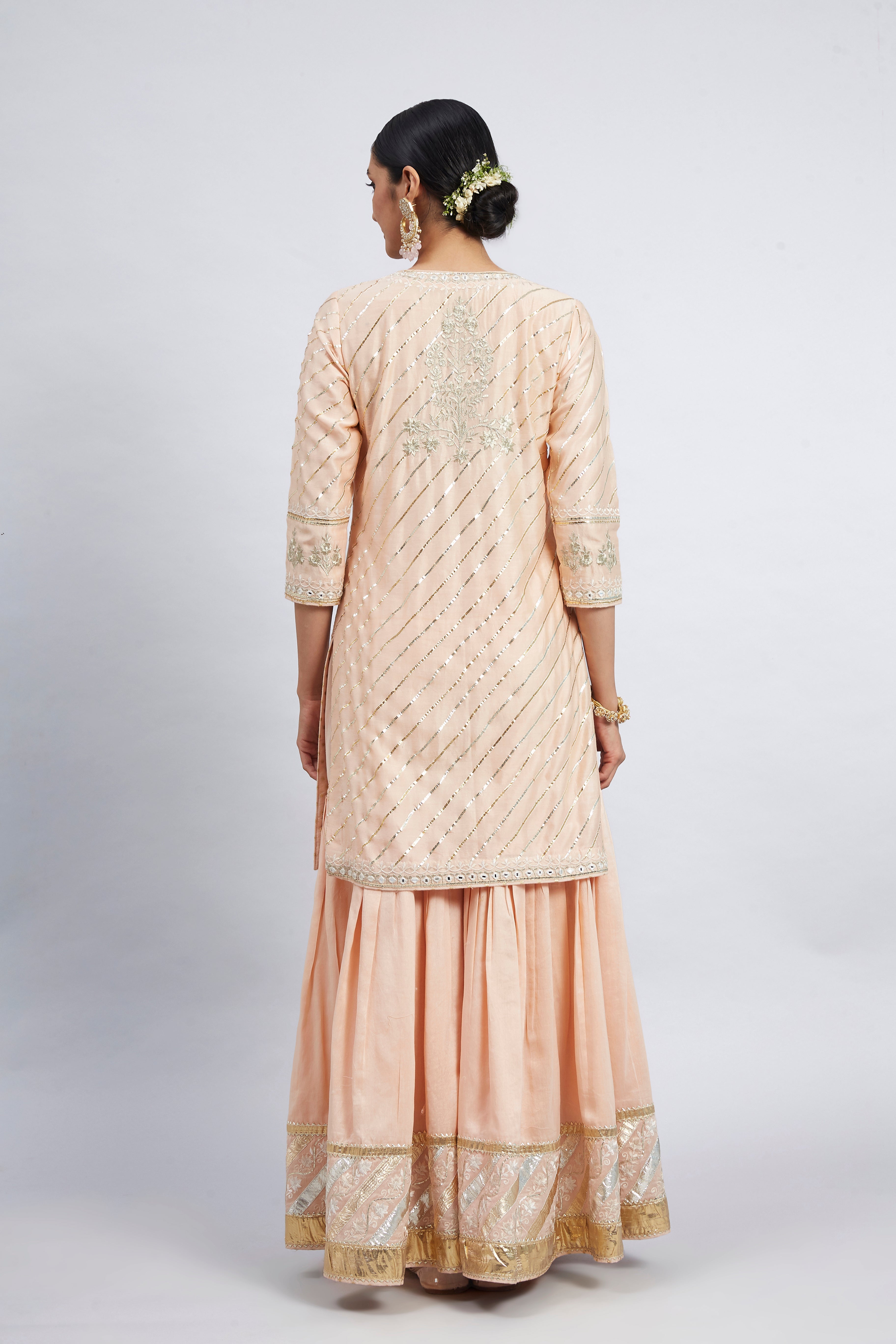 Eliza - Peach Chanderi Silk Kurta and Garara Set with Organza dupatta