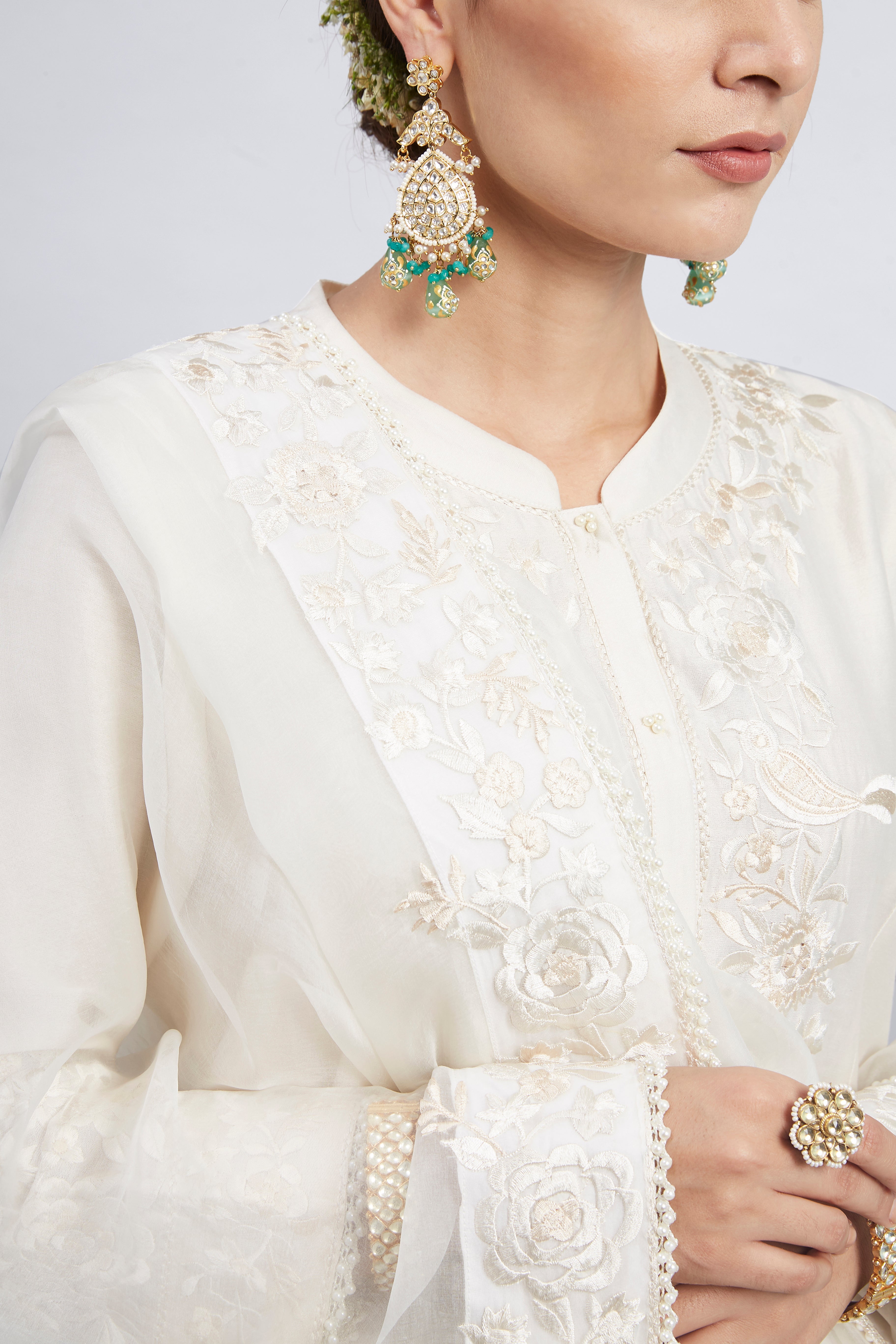 Kaina- Daisy Ivory Pure chanderi Silk Parsi-gara Embroidered Ensemble
