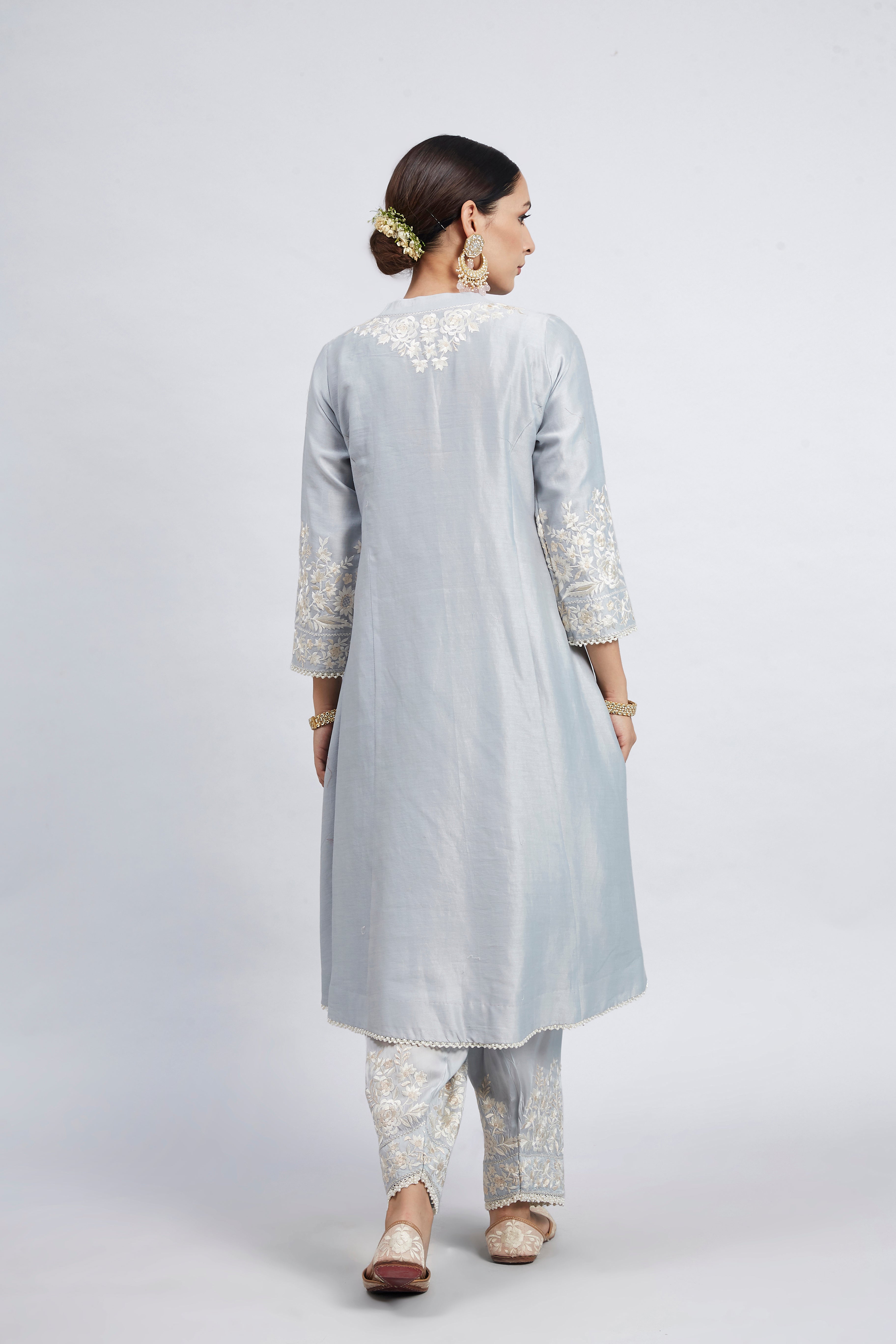 Kaina- Soft Blue Pure chanderi silk Parsi-gara Embroidered Ensemble