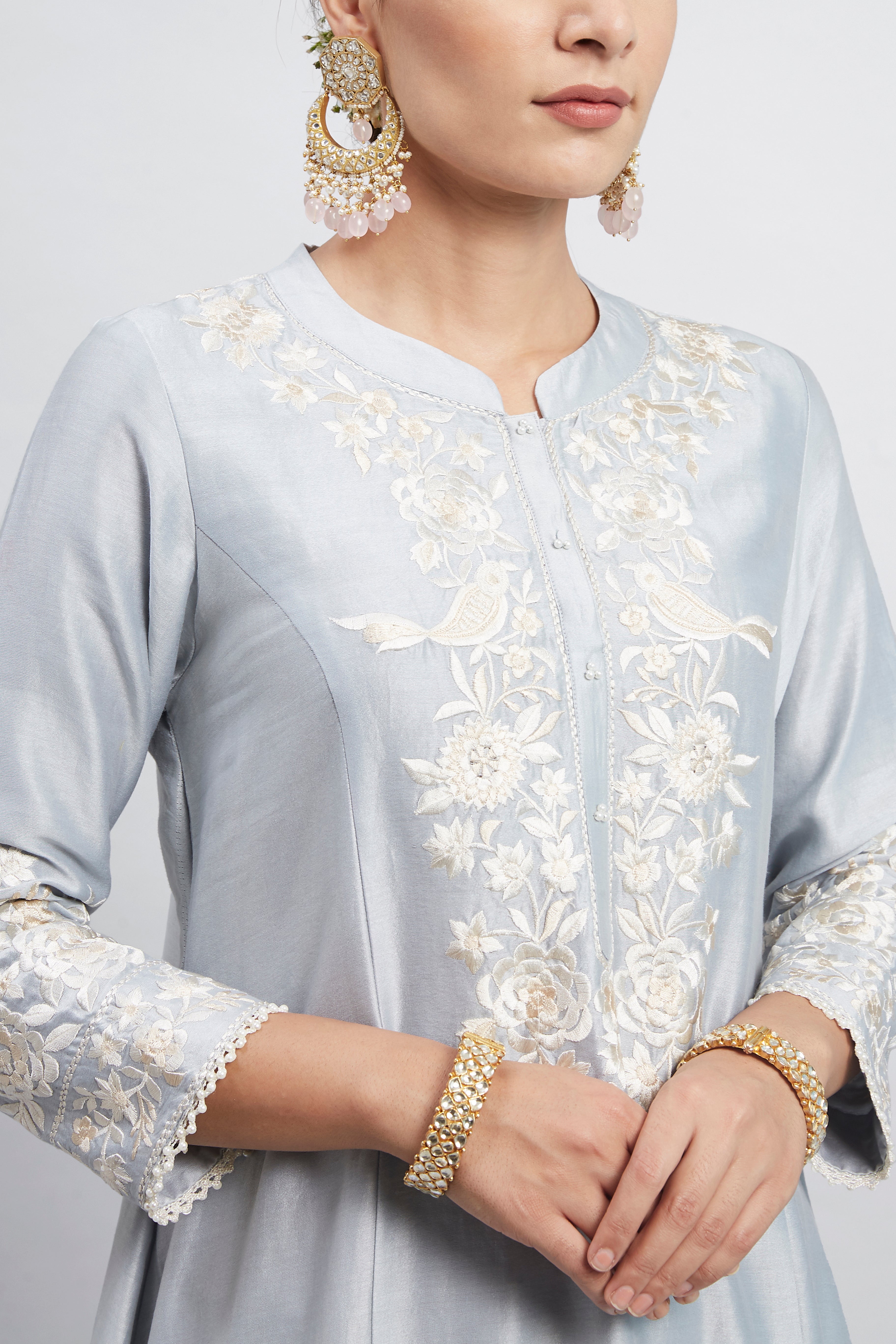Kaina- Soft Blue Pure chanderi silk Parsi-gara Embroidered Ensemble
