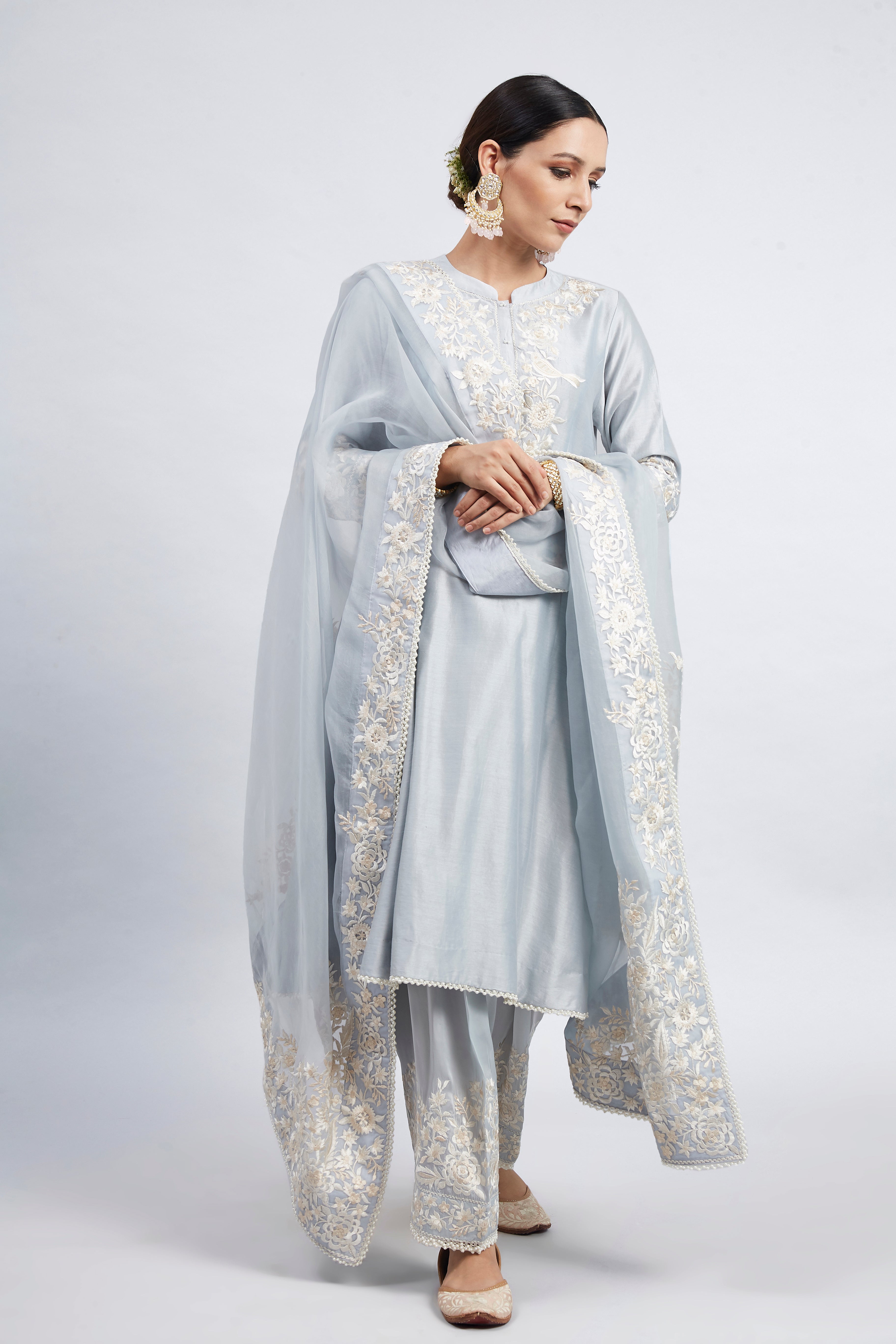 Kaina- Soft Blue Pure chanderi silk Parsi-gara Embroidered Ensemble
