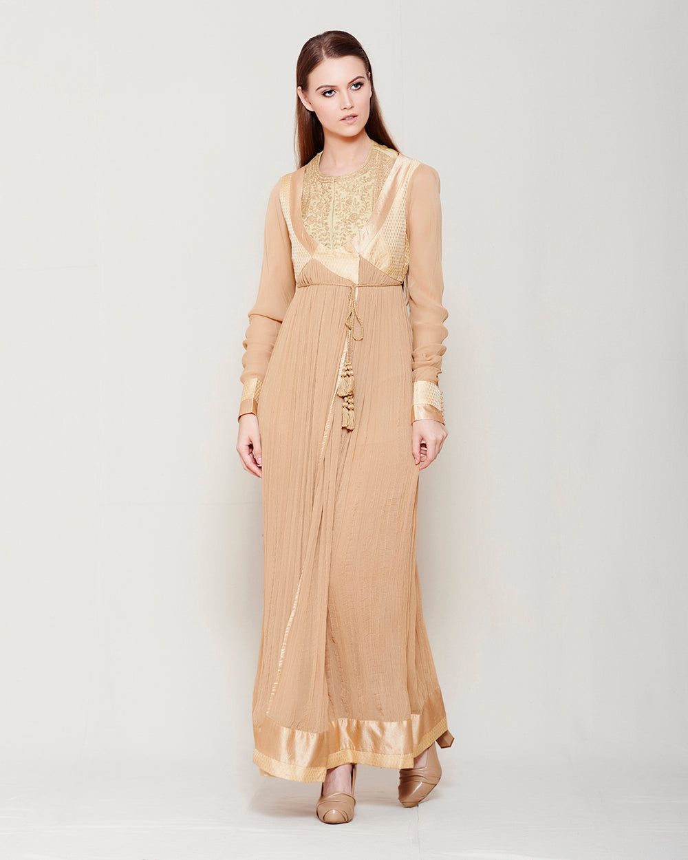 BEIGE CHIFFON FRONT OPEN ANGRAKHA WITH TOP AND TROUSER