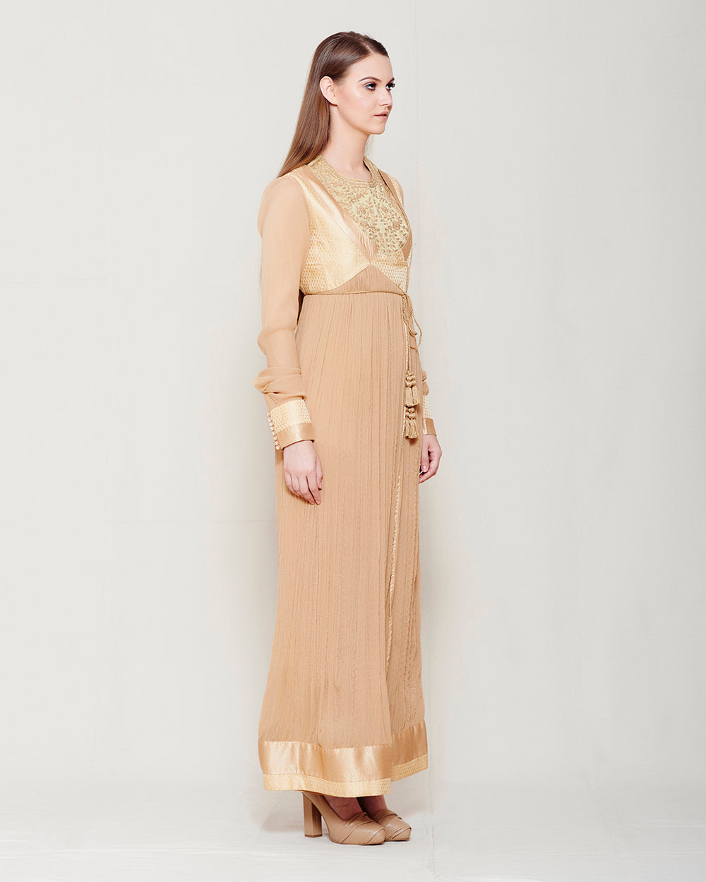 BEIGE CHIFFON FRONT OPEN ANGRAKHA WITH TOP AND TROUSER