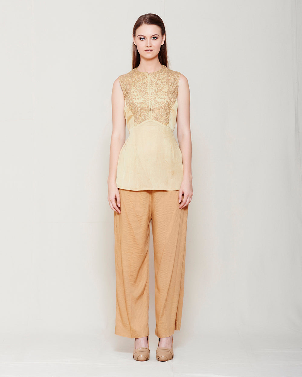 BEIGE CHIFFON FRONT OPEN ANGRAKHA WITH TOP AND TROUSER