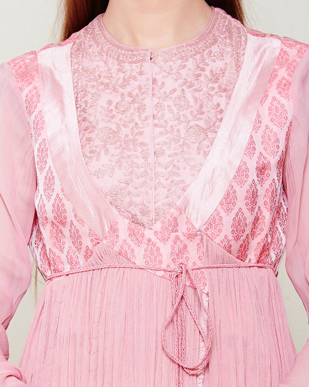 POWDER PINK CHIFFON FRONT OPEN ANGRAKHA WITH TOP AND TROUSER