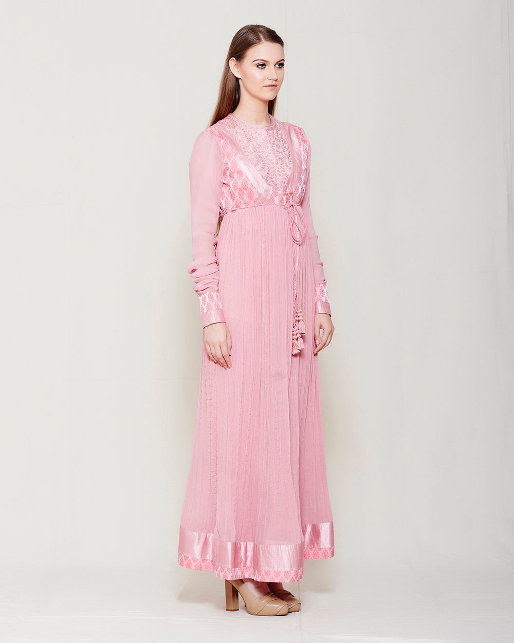 POWDER PINK CHIFFON FRONT OPEN ANGRAKHA WITH TOP AND TROUSER