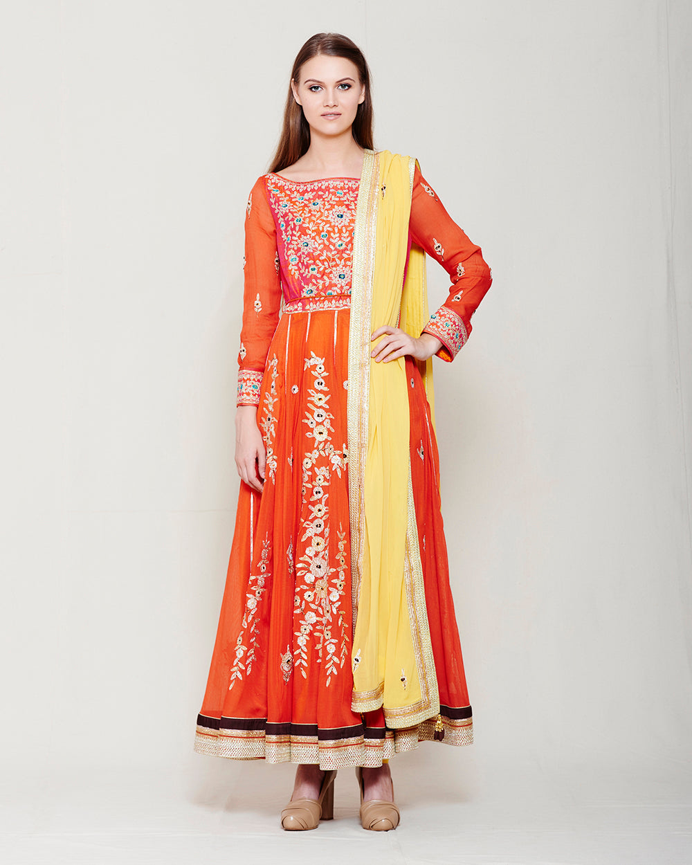 RUST ORANGE GOTA EMBROIDERED ANARKALI