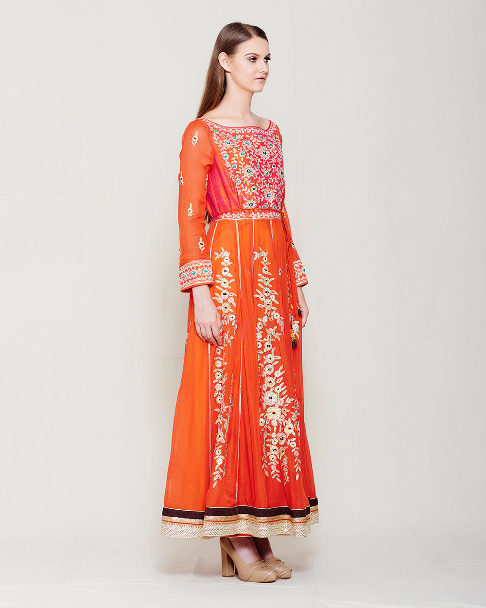 RUST ORANGE GOTA EMBROIDERED ANARKALI
