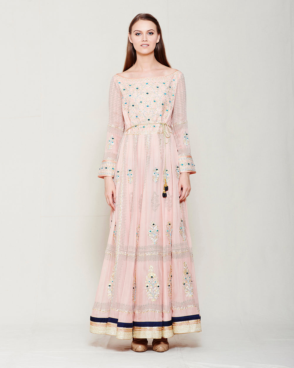 POWDER PINK BLOCK PRINTED GOTA EMBROIDERED ANARKALI