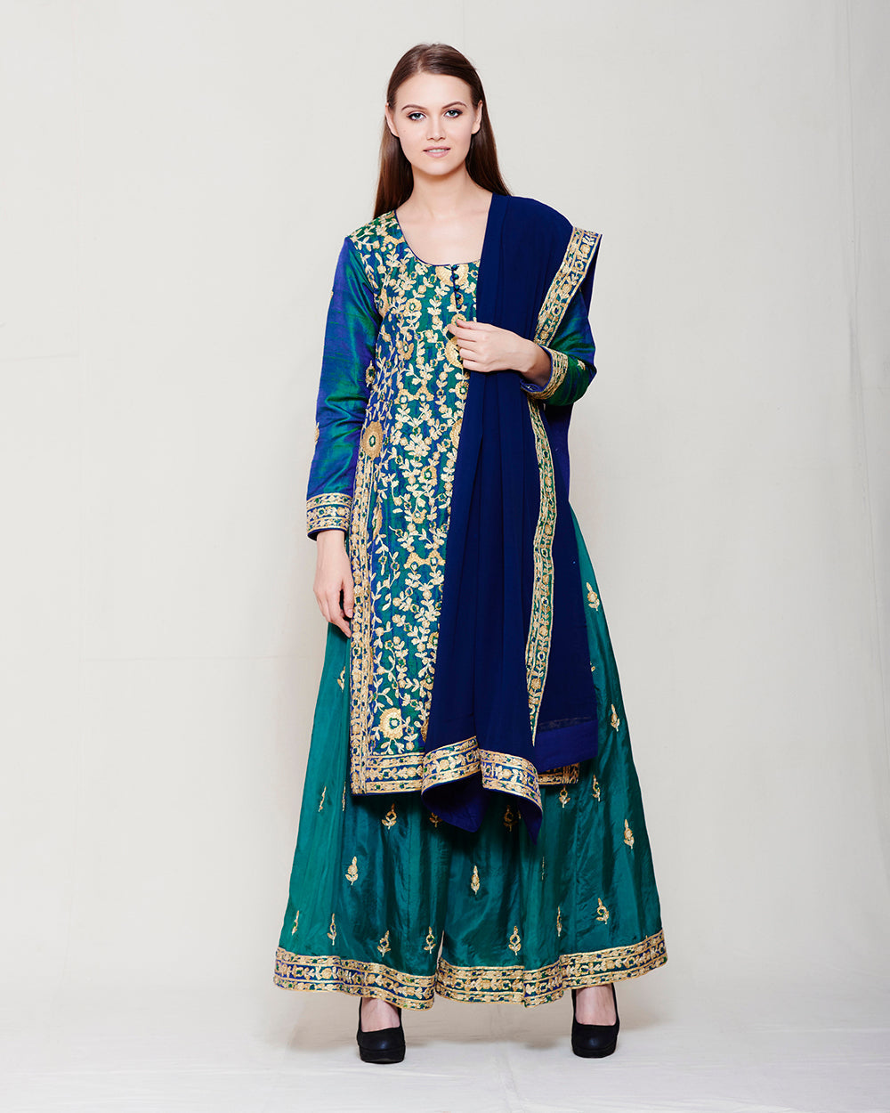 SILK KURTA SHARARA SET WITH HEAVY GOTA WORK