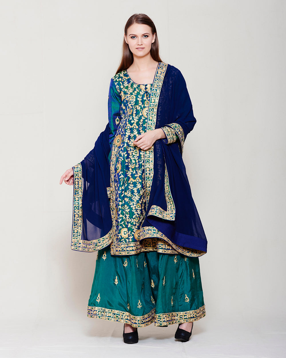 SILK KURTA SHARARA SET WITH HEAVY GOTA WORK