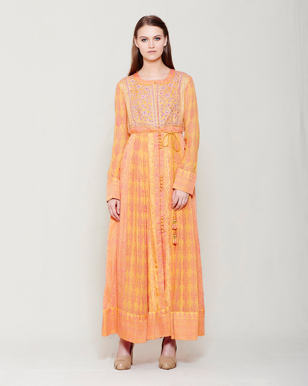 ORANGE PINK BLOCK PRINTED ANARKALI WITH GOTA THREAD WORK