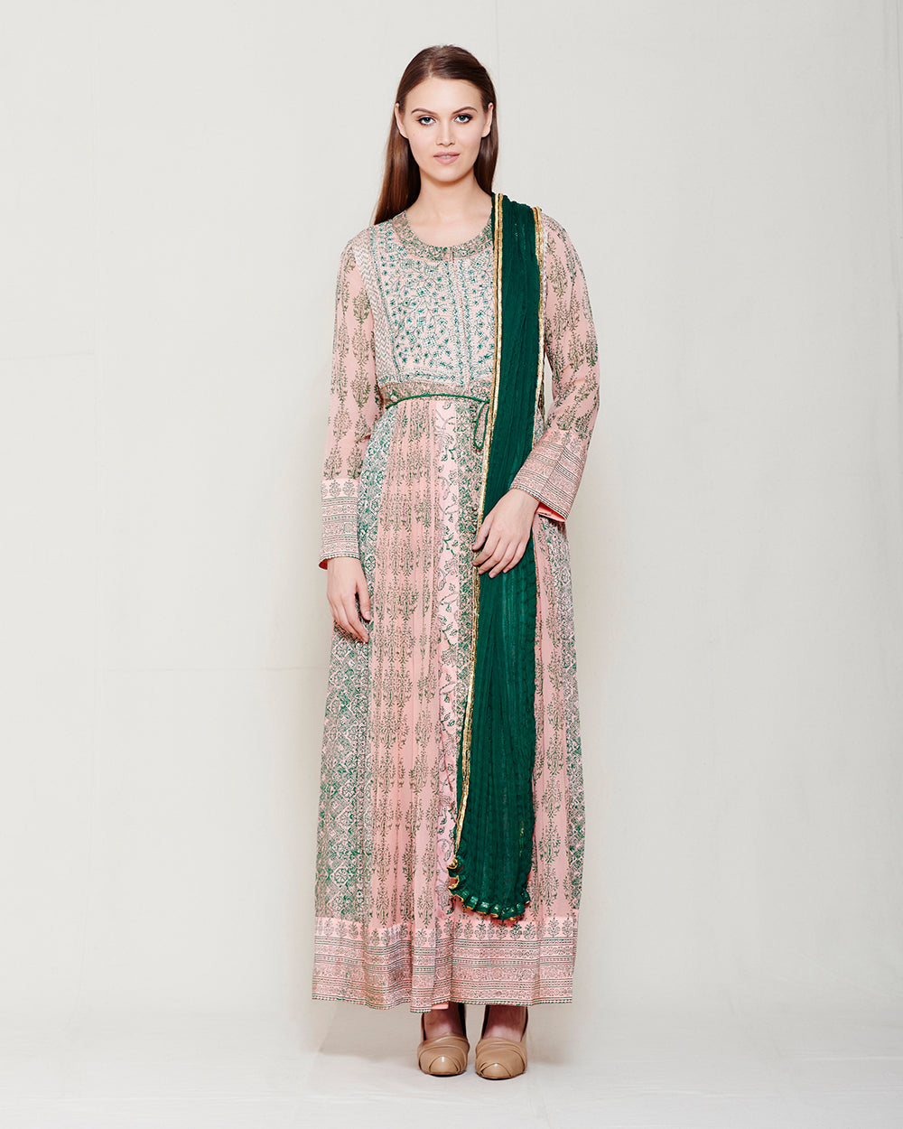 PINK & GREEN BLOCK PRINTED ANARKALI WITH GOTA THREAD WORK