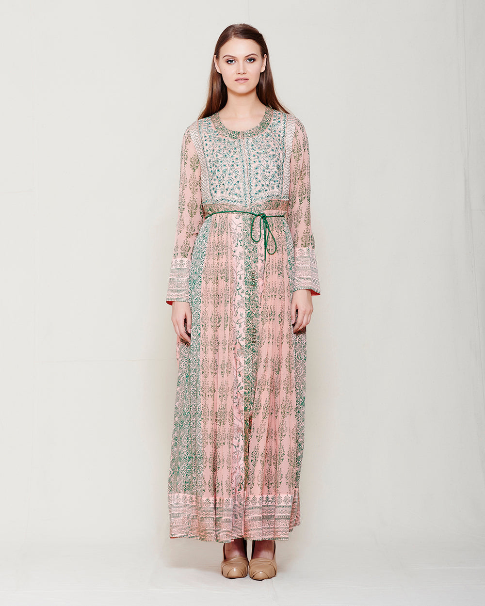 PINK & GREEN BLOCK PRINTED ANARKALI WITH GOTA THREAD WORK