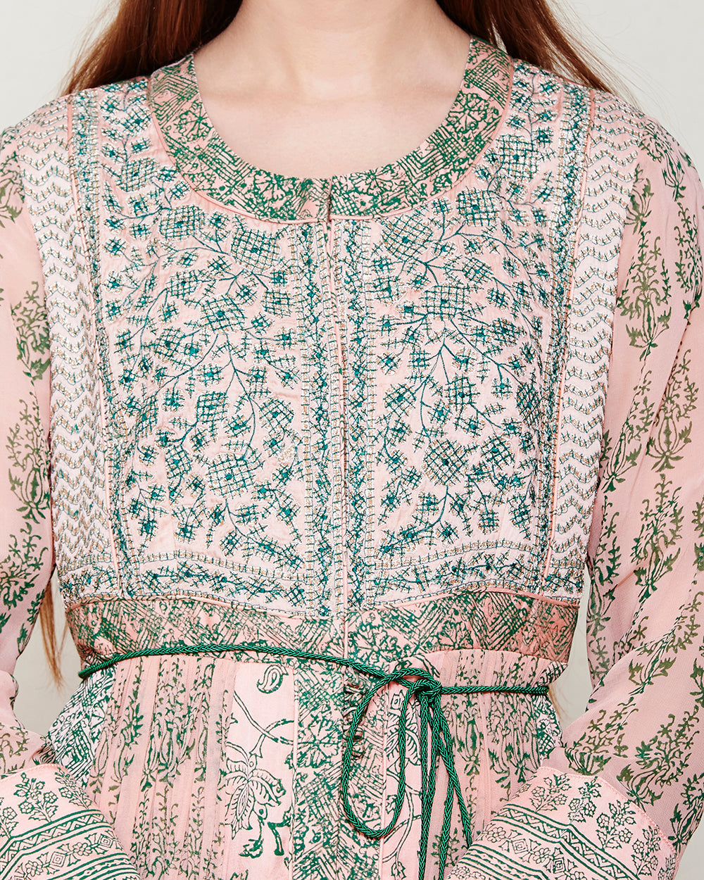 PINK & GREEN BLOCK PRINTED ANARKALI WITH GOTA THREAD WORK