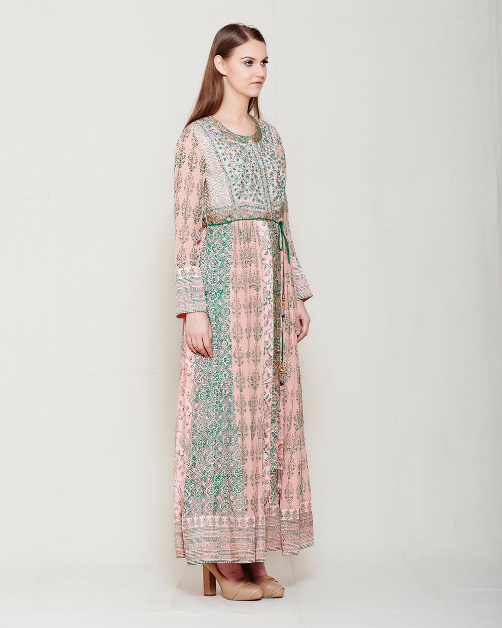 PINK & GREEN BLOCK PRINTED ANARKALI WITH GOTA THREAD WORK