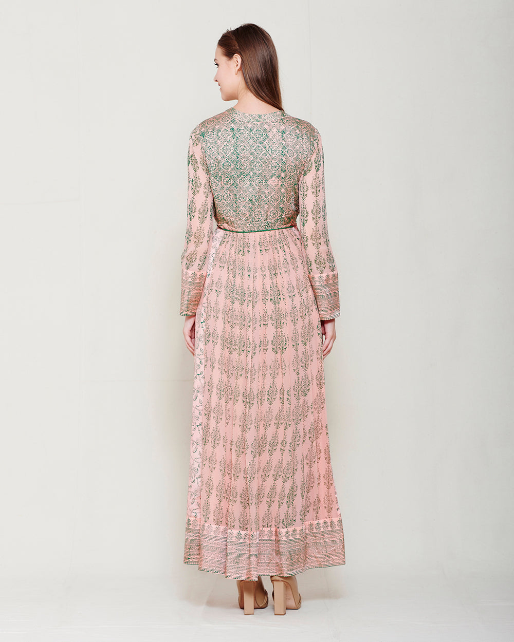 PINK & GREEN BLOCK PRINTED ANARKALI WITH GOTA THREAD WORK