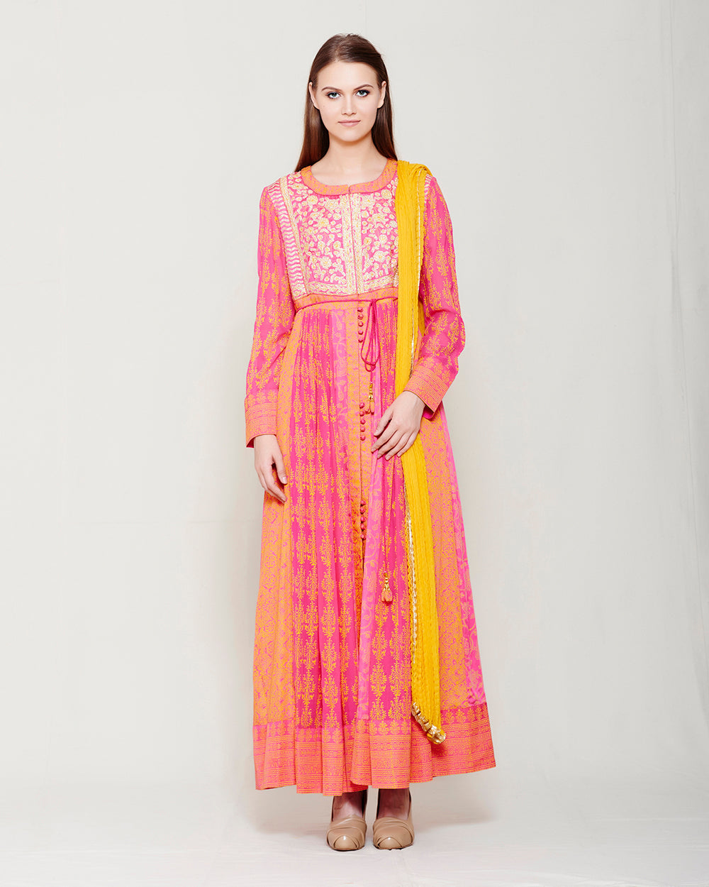 PINK ORANGE BLOCK PRINTED ANARKALI WITH GOTA THREAD WORK