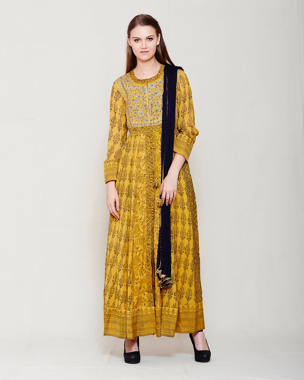MUSTARD NAVY BLUE BLOCK PRINTED ANARKALI WITH GOTA THREAD WORK