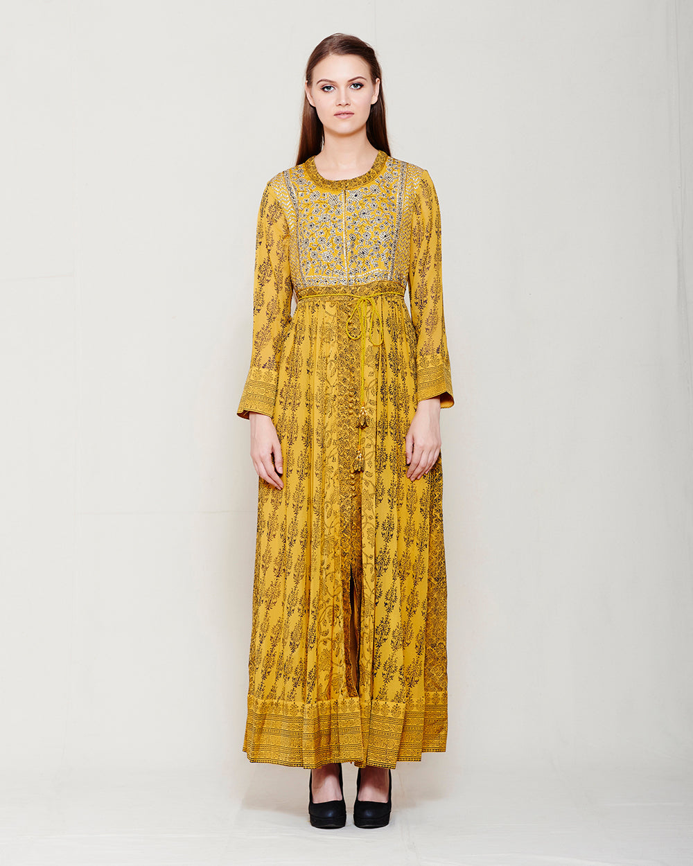 MUSTARD NAVY BLUE BLOCK PRINTED ANARKALI WITH GOTA THREAD WORK