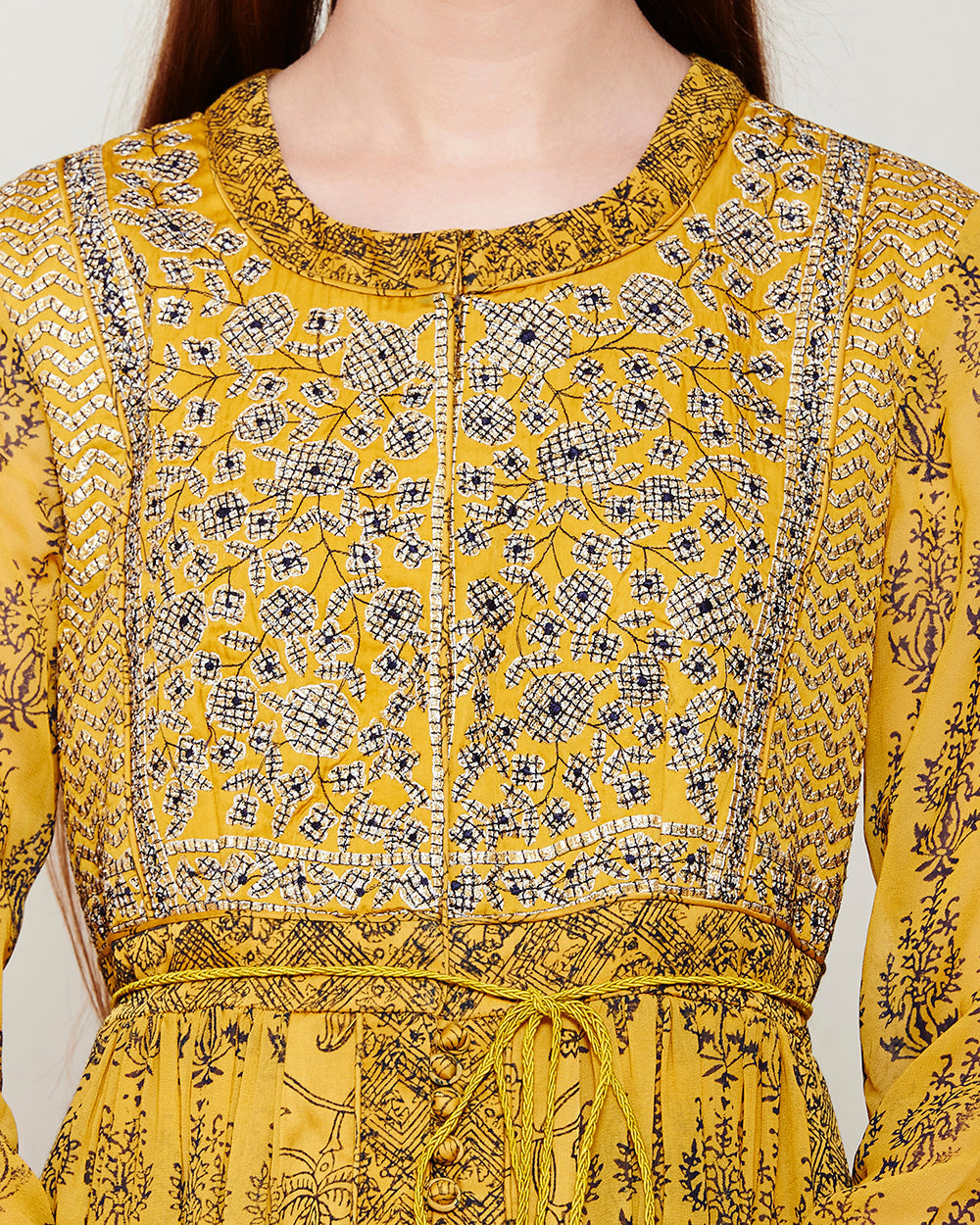 MUSTARD NAVY BLUE BLOCK PRINTED ANARKALI WITH GOTA THREAD WORK