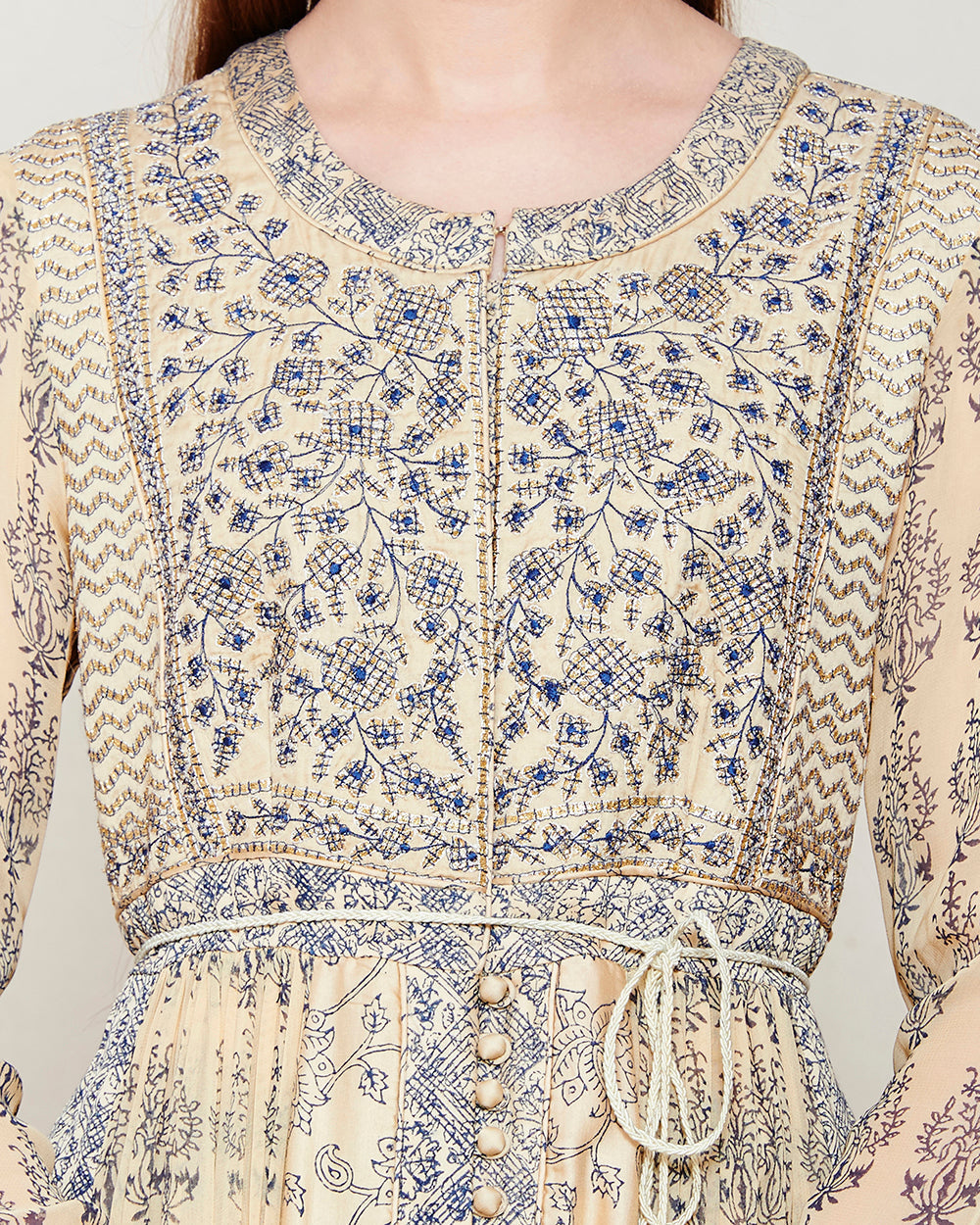 BEIGE NAVY BLUE BLOCK PRINTED ANARKALI WITH GOTA THREAD WORK