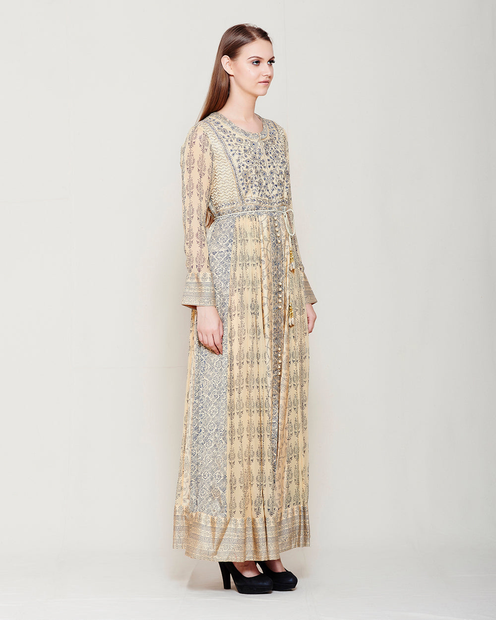 BEIGE NAVY BLUE BLOCK PRINTED ANARKALI WITH GOTA THREAD WORK