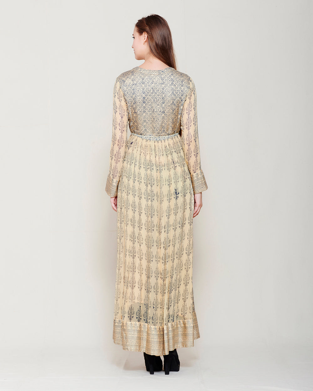 BEIGE NAVY BLUE BLOCK PRINTED ANARKALI WITH GOTA THREAD WORK