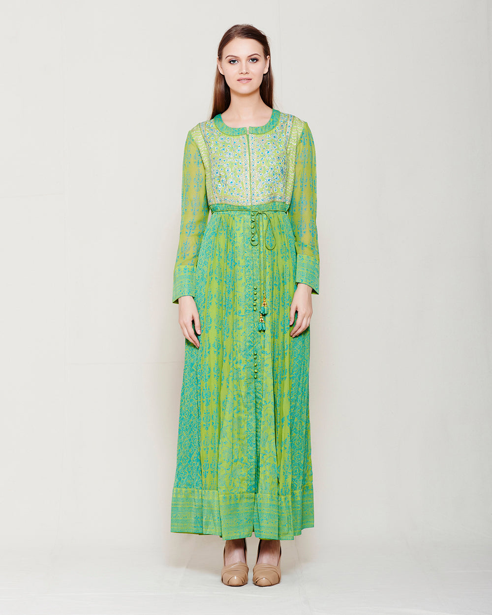 GREEN BLUE BLOCK PRINTED ANARKALI WITH GOTA THREAD WORK