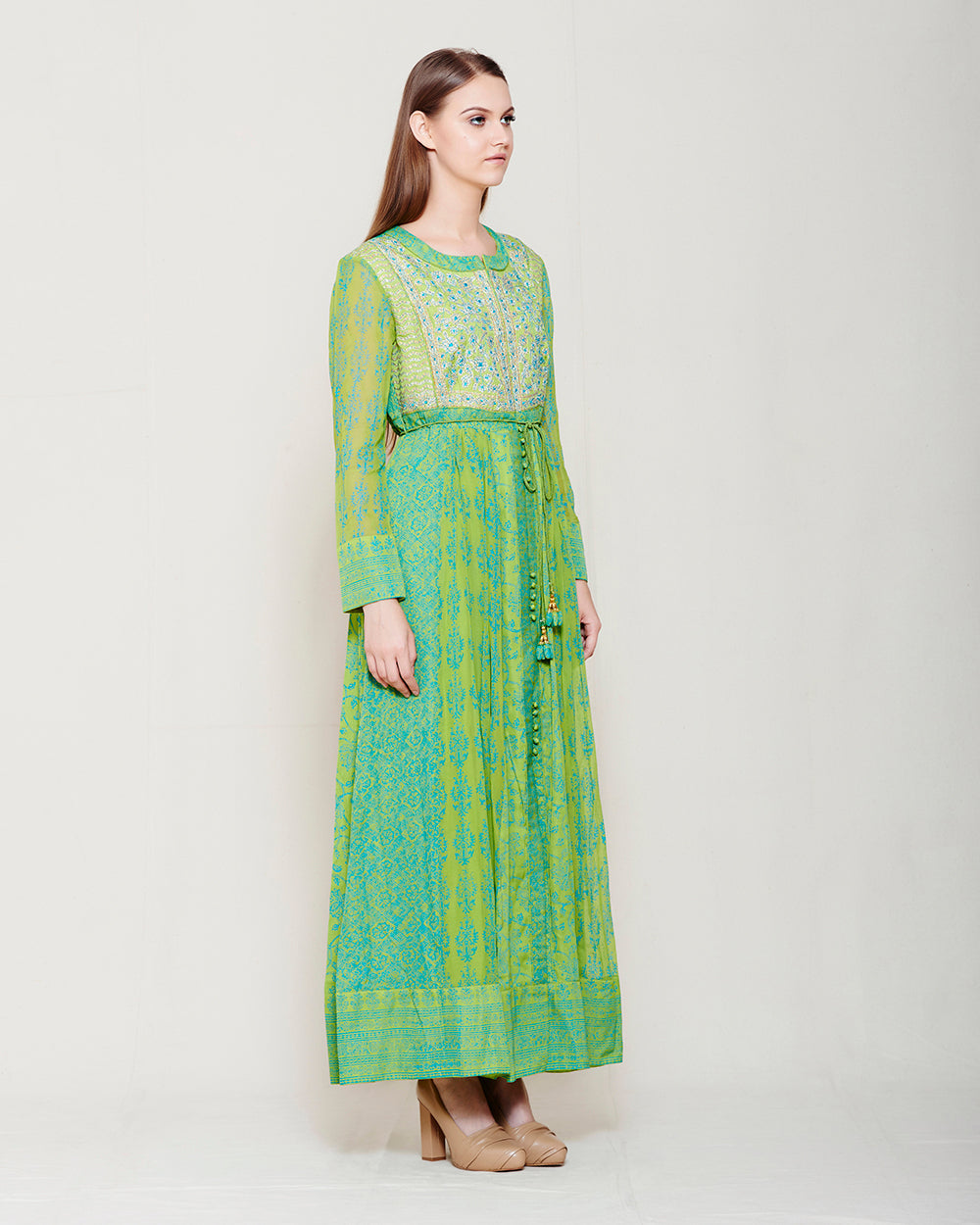 GREEN BLUE BLOCK PRINTED ANARKALI WITH GOTA THREAD WORK
