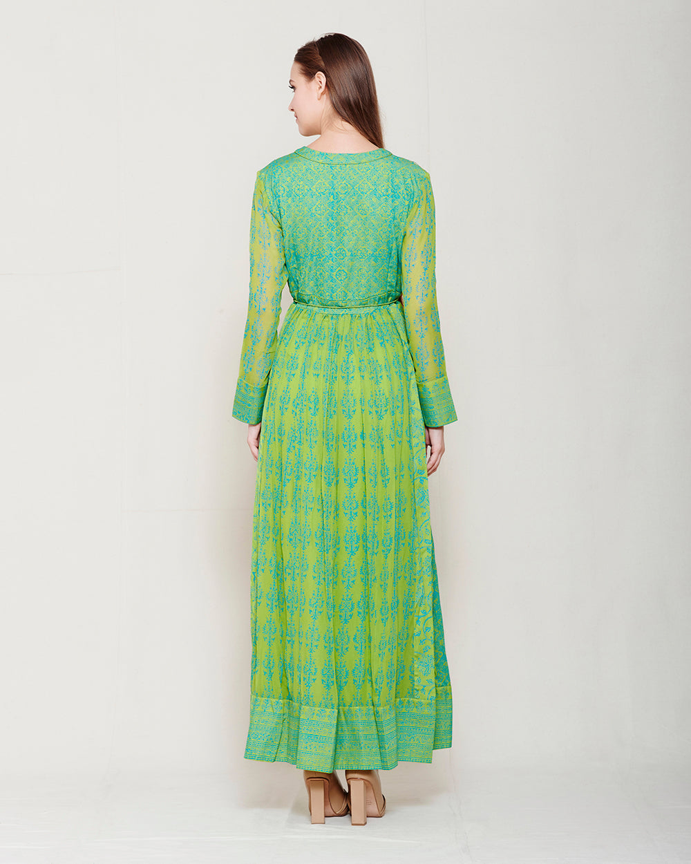 GREEN BLUE BLOCK PRINTED ANARKALI WITH GOTA THREAD WORK
