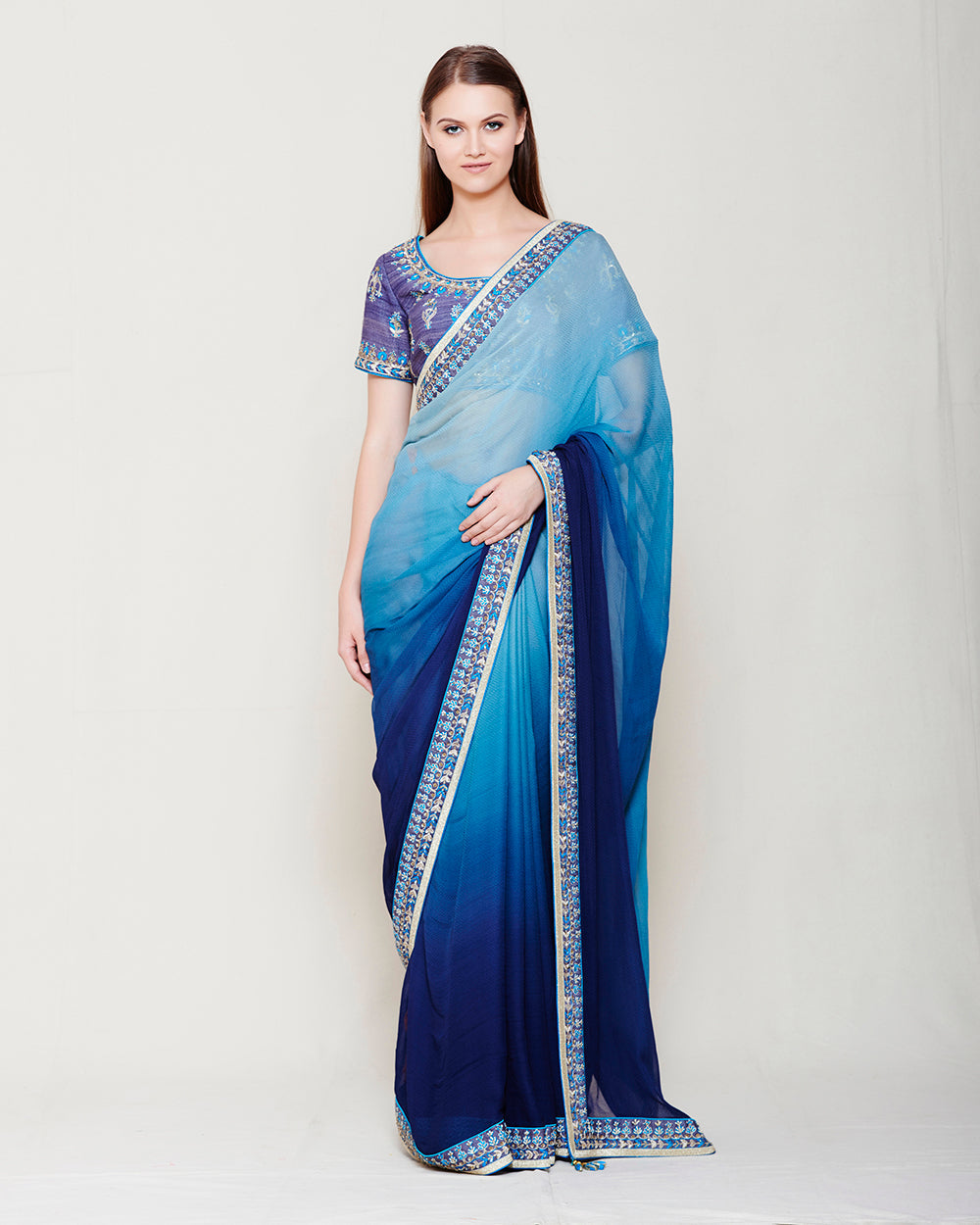 SMOKE BLUE ZARDOZI THREAD WORK SAREE BLOUSE