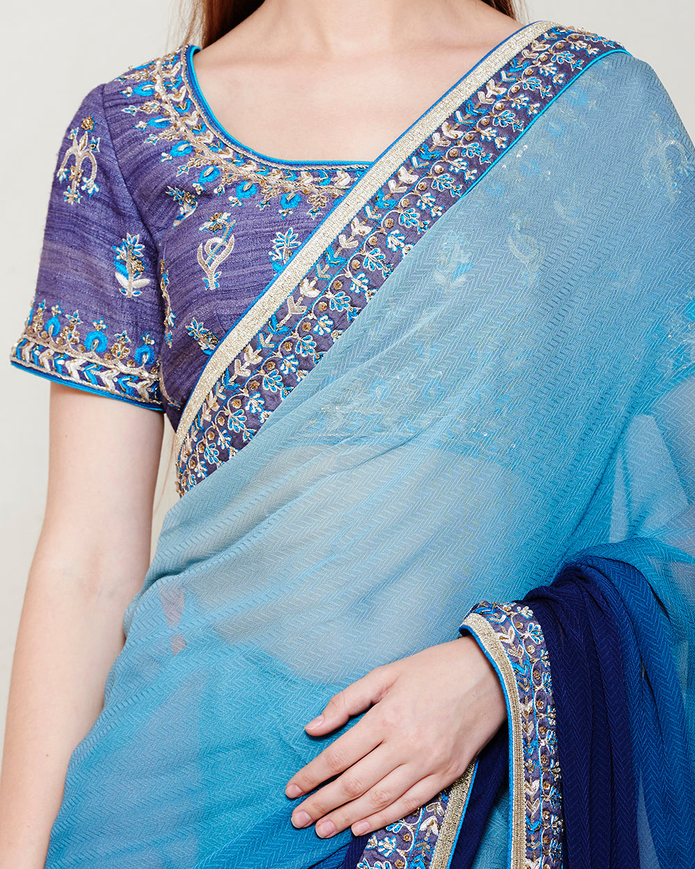 SMOKE BLUE ZARDOZI THREAD WORK SAREE BLOUSE