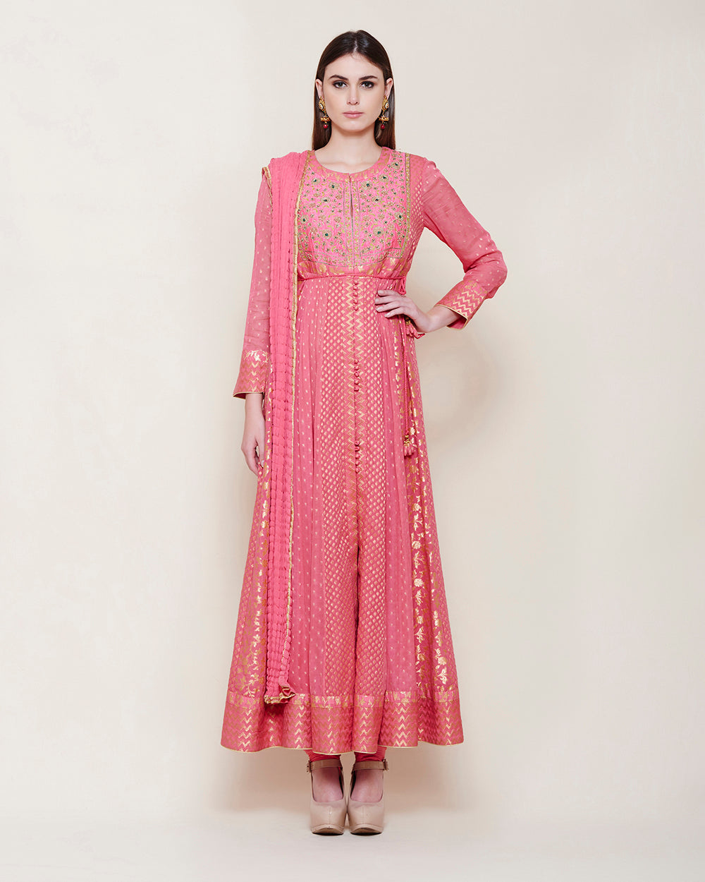 Dark Coral Pink Anarkali Set