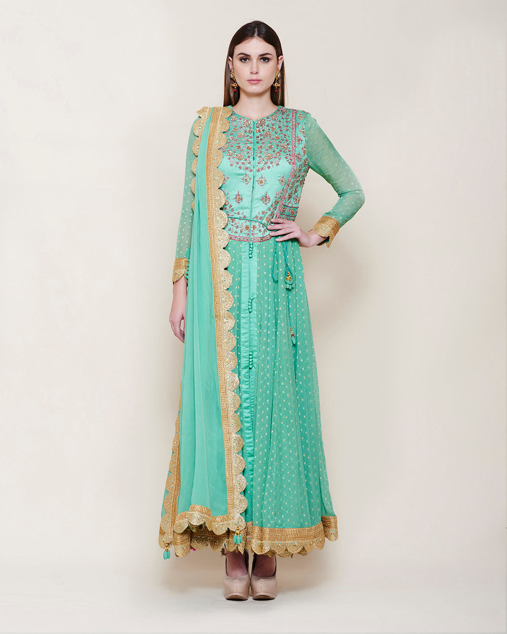 SEA GREEN LONG YOKE ANARKALI KURTA
