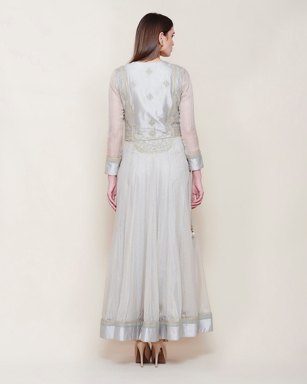 SILVER GREY STRIPED LONG YOKE ANARKALI KURTA