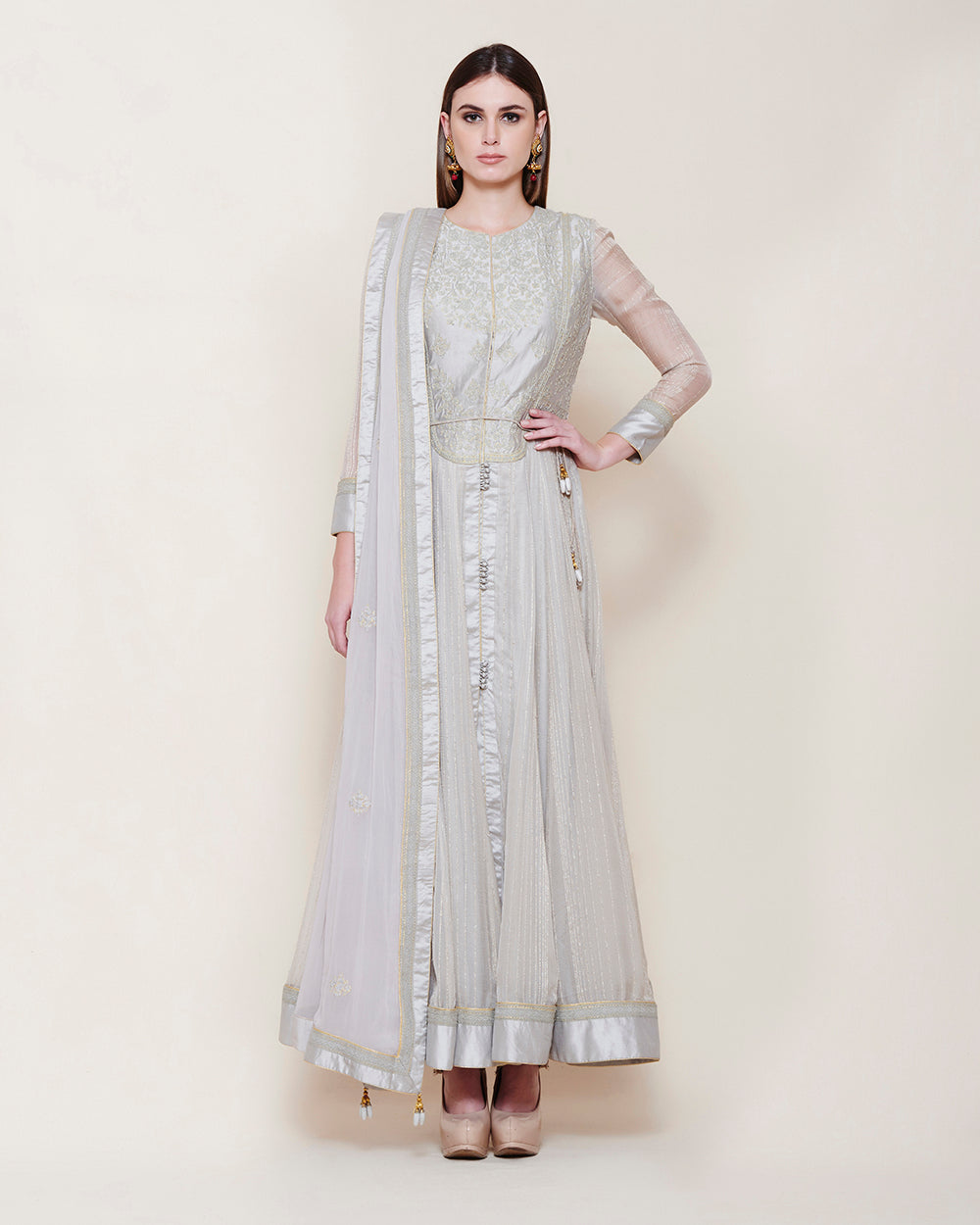 SILVER GREY STRIPED LONG YOKE ANARKALI KURTA