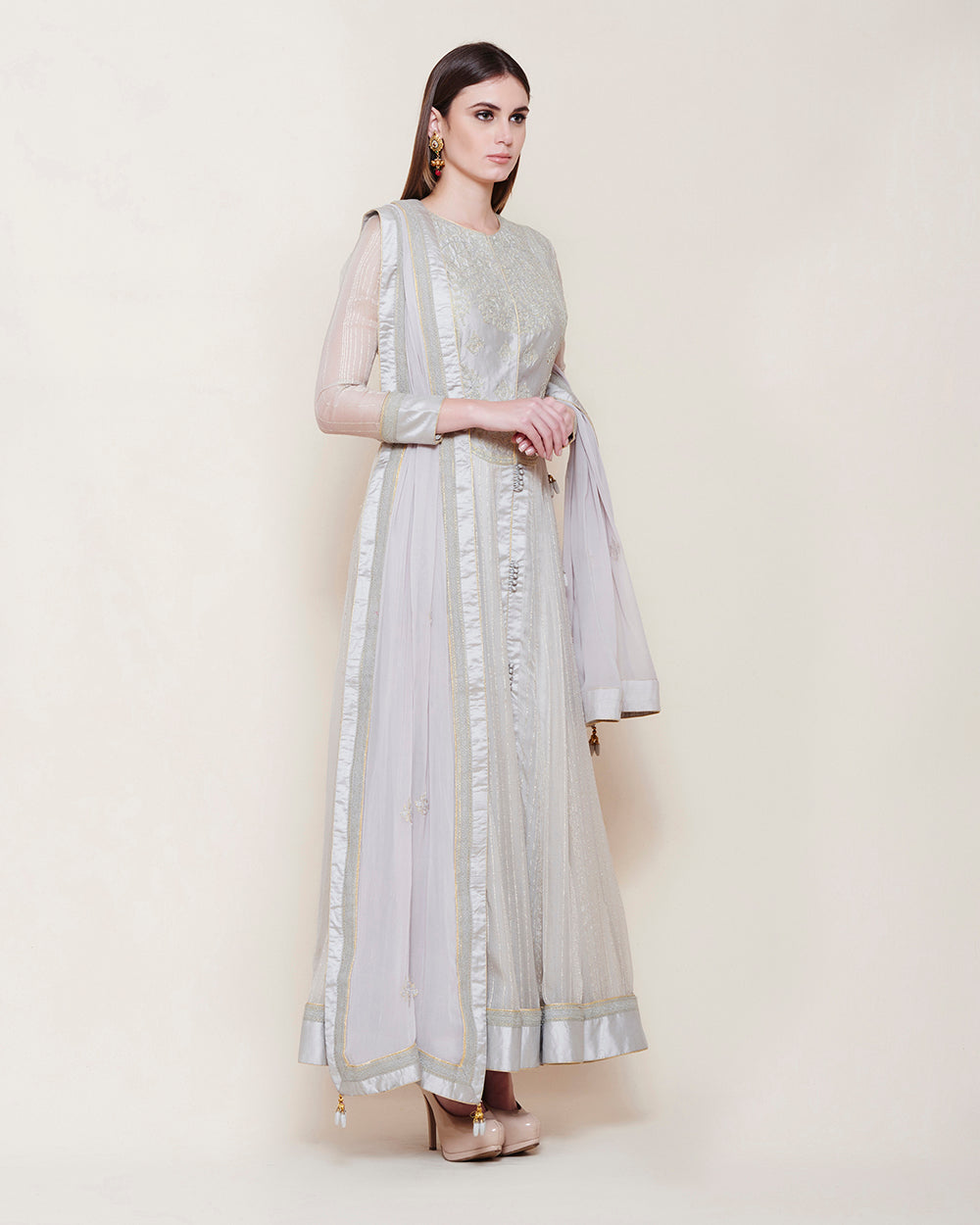 SILVER GREY STRIPED LONG YOKE ANARKALI KURTA