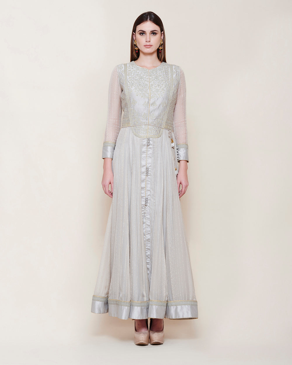 SILVER GREY STRIPED LONG YOKE ANARKALI KURTA